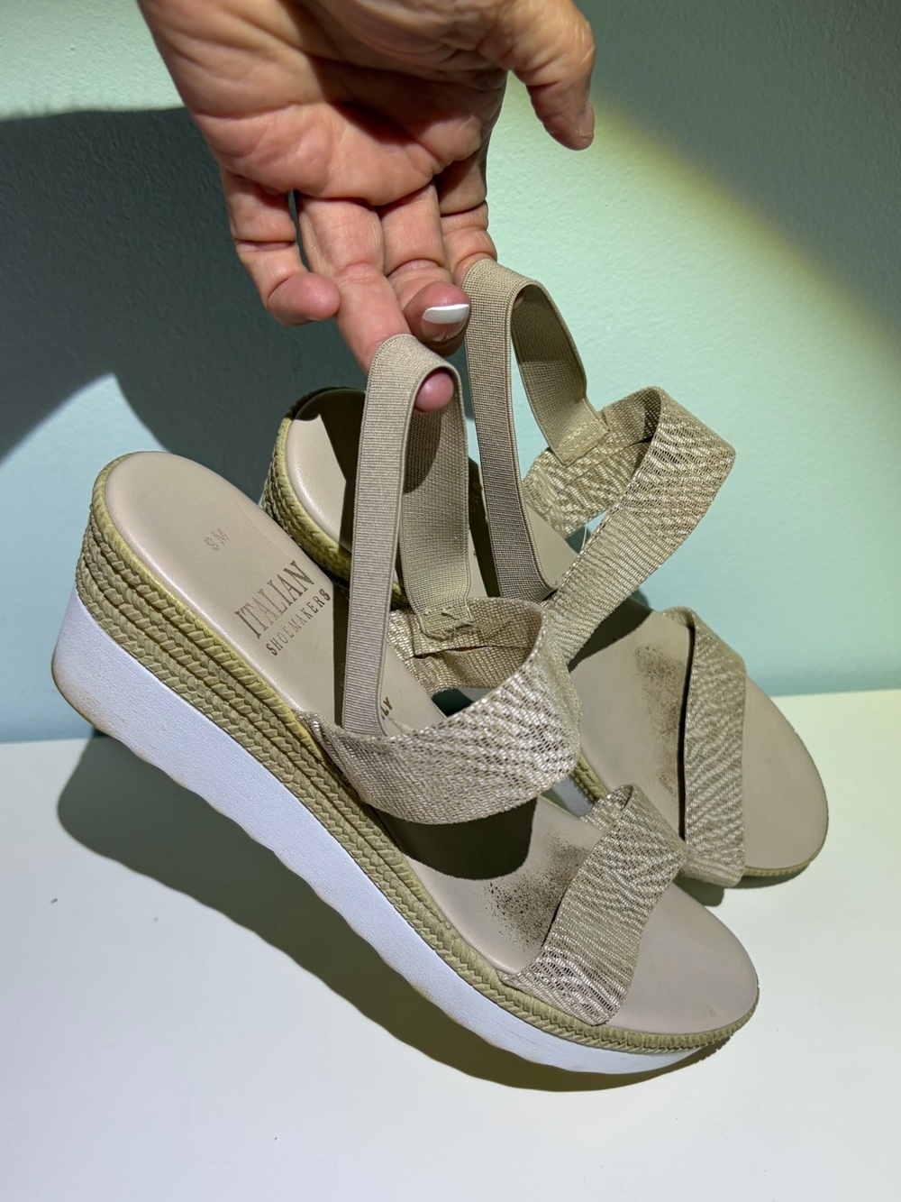 Italian Shoemakers Beige/Tan Wedge Sandals with Elastic Slingback. Size 9